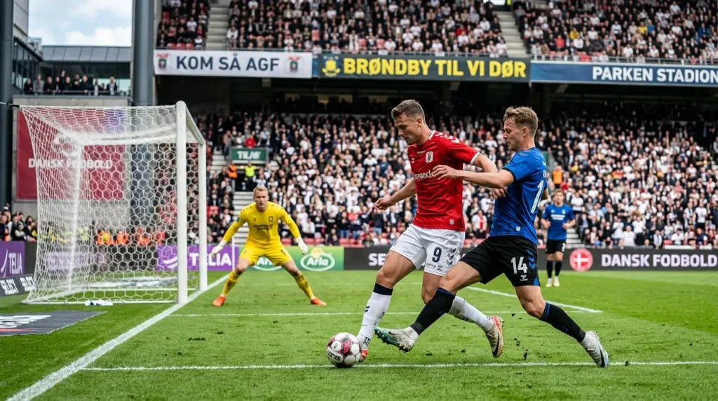 Fodboldkamp i gang pa stadion med spillere fra to hold der kaemper om bolden foran malet