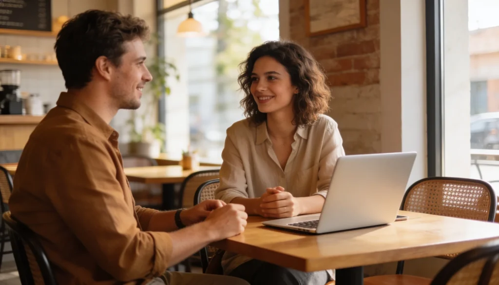 To mennesker der taler sammen ved et bord i en lys og rolig cafe med en baerbar computer