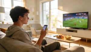 Ung person der sidder med en smartphone og ser en fodboldkamp pa TV i en dagligstue