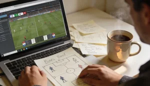 Person der analyserer fodboldkampe pa en laptop med noter og en kop kaffe pa skrivebordet