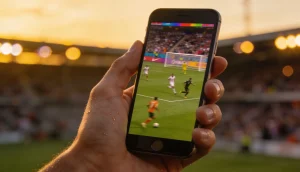 Hånd der holder en smartphone med en fodboldkamp pa skaermen pa et stadion i baggrunden