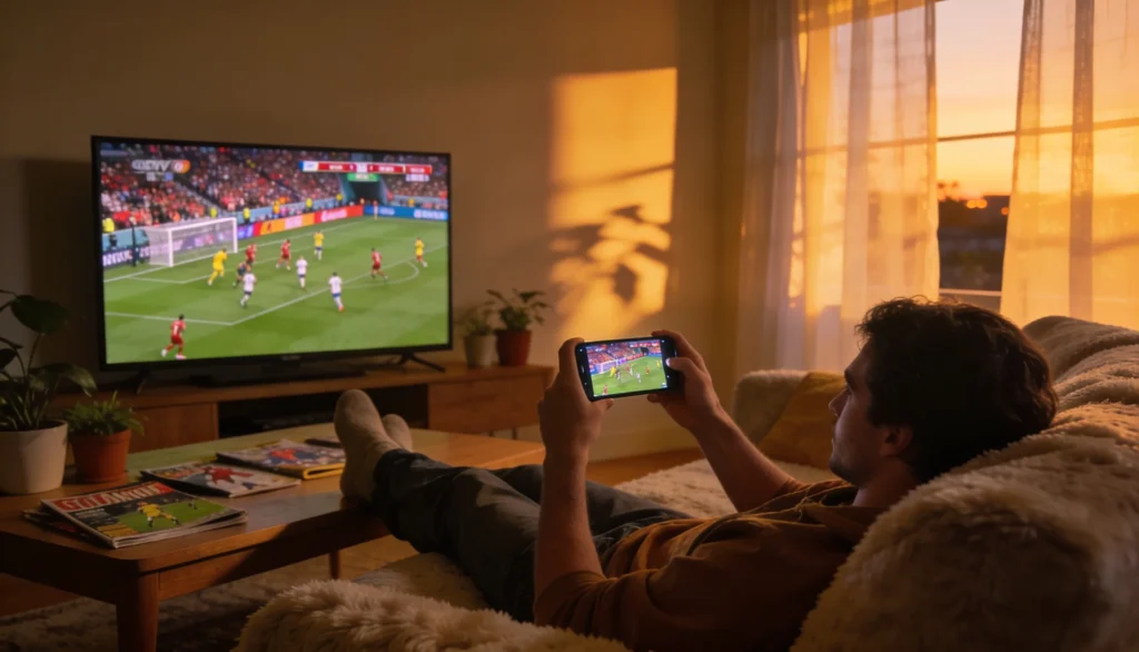 Person der holder en smartphone med en fodboldkamp pa skaermen mens kampen spilles pa TV
