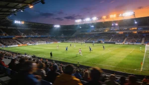 Aftenkamp pa et europæisk stadion med flodlys og to fodboldhold der spiller pa groent graes