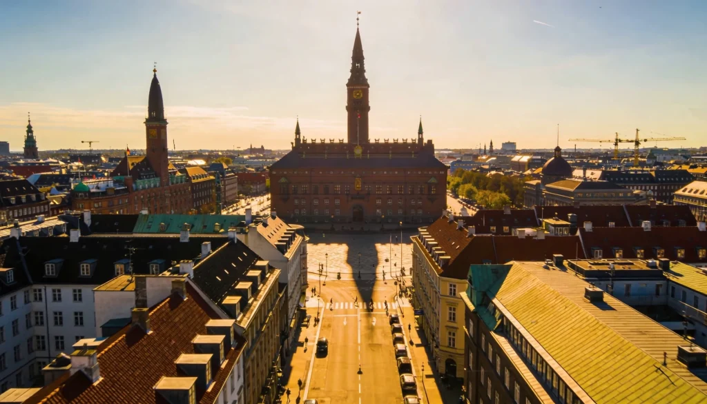 Panoramaudsigt over København med Radhuspladsen og tårne set fra luften pa en klar dag