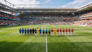 To fodboldhold der stiller op til kamp pa en velplejet stadionbane med publikum i baggrunden