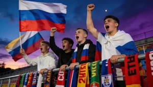 Fans med flag der jubler pa et stadion under en international fodboldkamp om aftenen