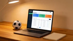 Baerbar computer med fodboldstatistik pa skaermen pa et skrivebord ved siden af en fodbold