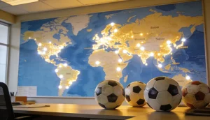 Verdenskort med lysende punkter over Europa og fodbolde placeret pa forskellige kontinenter