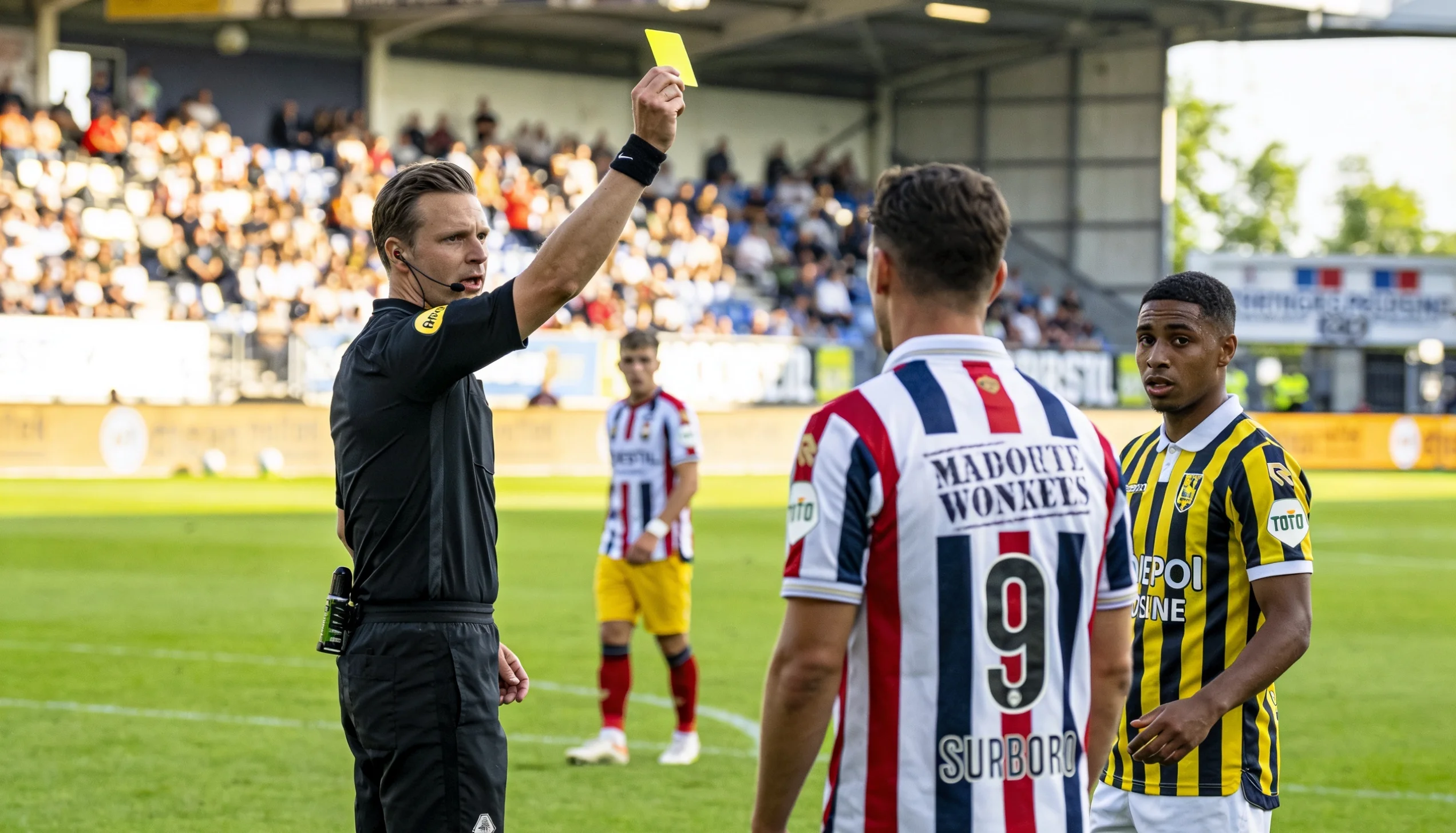 Fodbolddommer der holder et gult kort op under en kamp pa en groenbane med spillere omkring