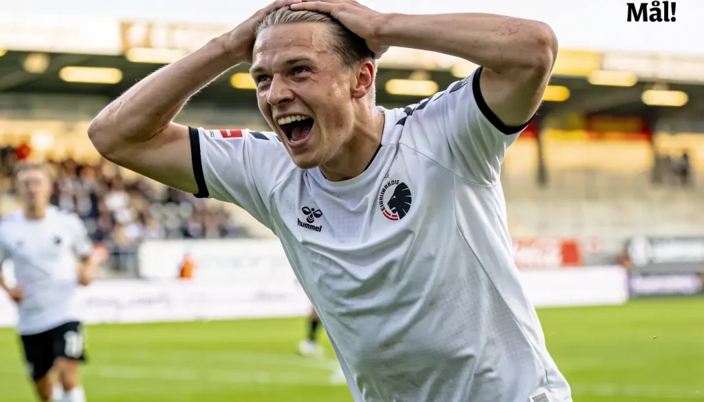 Fodboldspiller der fejrer et mål med armene i vejret foran et fyldt stadion