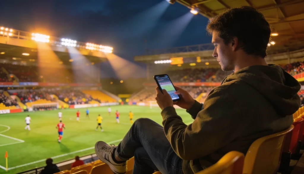 Person der bruger en smartphone pa et stadion under en fodboldkamp med banen i baggrunden