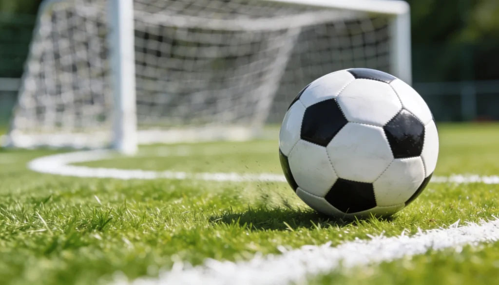 Fodbold der ruller mod mål pa groent graes med hvide striber pa en udendoers fodboldbane