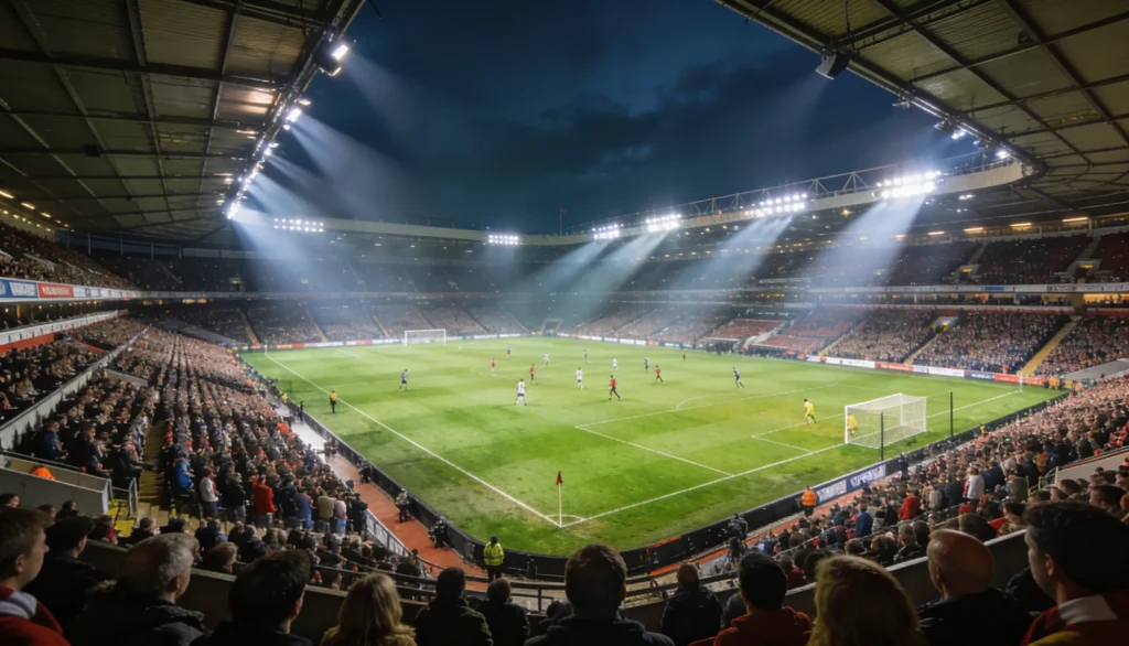 Fodboldkamp i et stort stadion i England med groent graes og fyldte tribuner under projektørlys