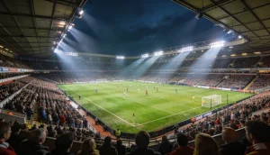 Fodboldkamp i et stort stadion i England med groent graes og fyldte tribuner under projektørlys