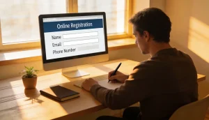 Person der kigger pa en computerskaerm med et online registreringsformular i et roligt kontor