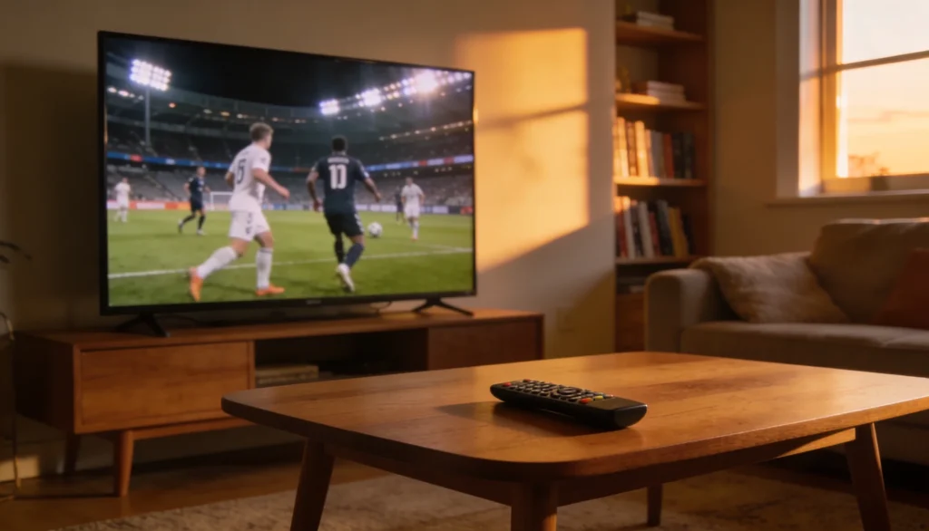 TV-skaerm der viser en fodboldkamp i en stue med en fjernbetjening pa bordet foran