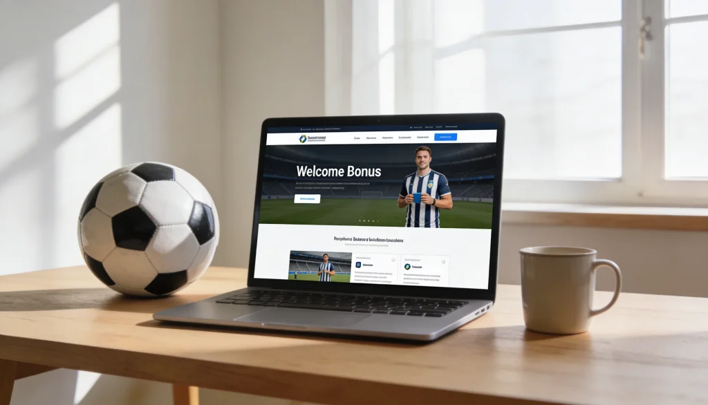 Baerbar computer pa et skrivebord med en fodbold og en kop kaffe ved siden af i dagslys