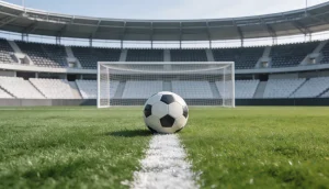 Fodbold pa en graesplæne med hvide markeringslinjer og et mål i baggrunden pa et tomt stadion